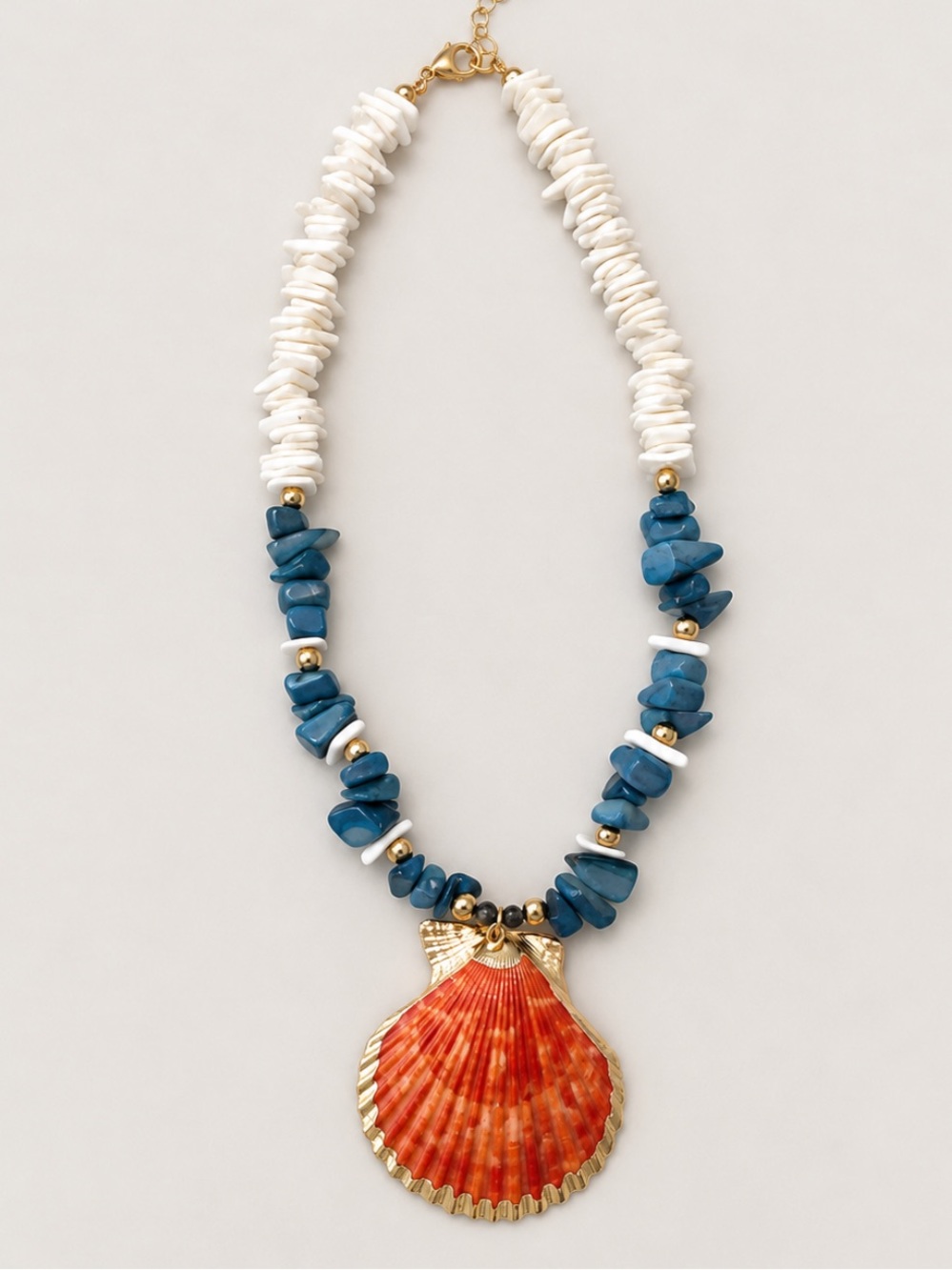 New! Coastal Blue Beaded Rustic Orange Gold Shell Necklace NWOT 5060